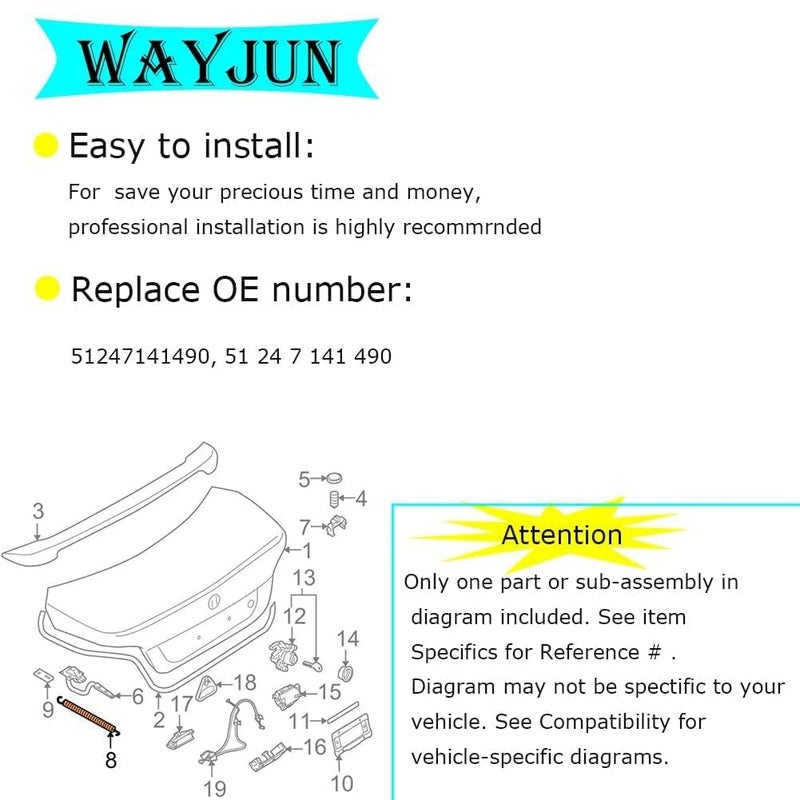 WayJun 51247141490 Right Trunk Lid Lift Support Shock with Spring Tension Spring Compatible with E60 525i 530i 545i 525xi 530xi 550i M5 528i 528xi 535i 535xi xDrive Sedan - Image 5